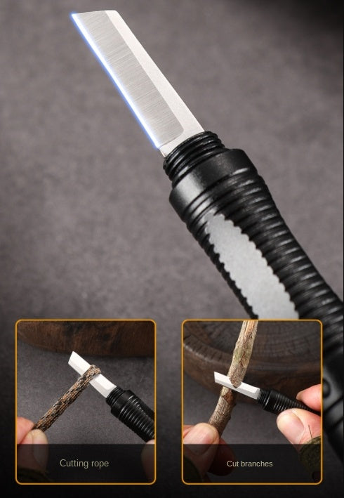 Close-up of the tactical pen's black knurled handle with a flat utility blade extended, plus two insets showing the blade cutting a length of rope and slicing a small branch, labelled Cutting rope and Cut branches.