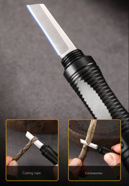 Close-up of the tactical pen's black knurled handle with a flat utility blade extended, plus two insets showing the blade cutting a length of rope and slicing a small branch, labelled Cutting rope and Cut branches.