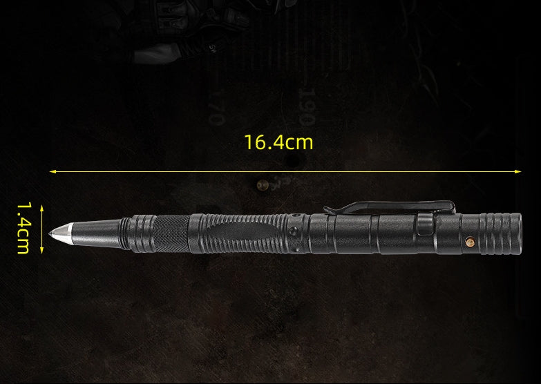 A black tactical pen shown horizontally with yellow dimension annotations marking 16.4cm overall length and 1.4cm diameter, against a dark background.