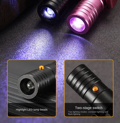 Two tactical pen heads in black and pink lit with a purple LED beam on a dark surface, plus insets labelled Highlight LED lamp beads and Two-stage switch, showing the LED lens beside an orange button and the constant and flash lighting modes.