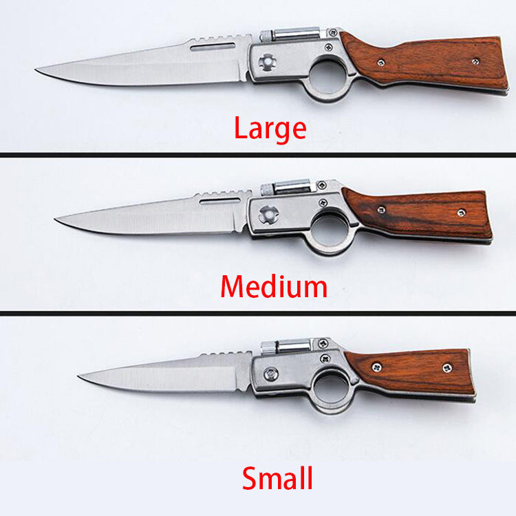 Large, Medium and Small wood-handle folding knives lined up for size comparison on white background