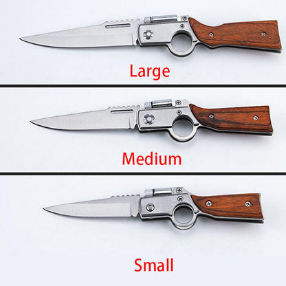 Large, Medium and Small wood-handle folding knives lined up for size comparison on white background