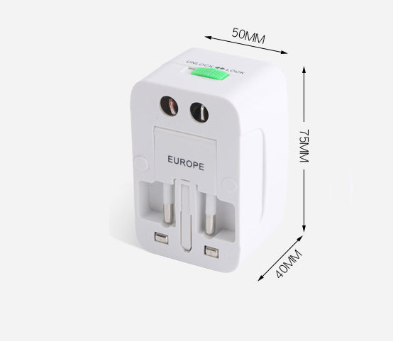 Back of the travel adapter labeled EUROPE with printed dimension arrows marking 50mm, 75mm and 40mm