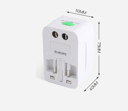 Back of the travel adapter labeled EUROPE with printed dimension arrows marking 50mm, 75mm and 40mm