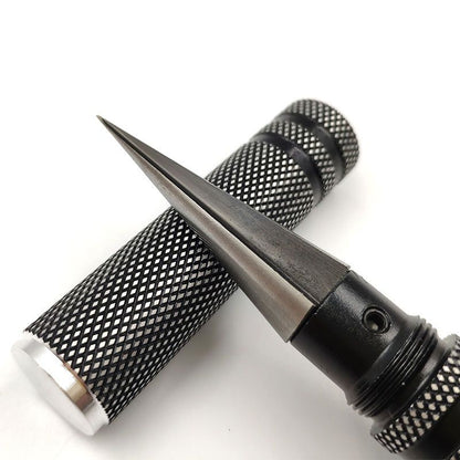 Two reamer tools crossed diagonally, showing the four-fluted steel cone and knurled handles.
