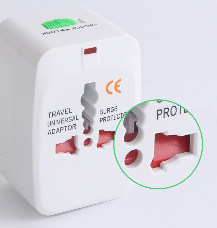 Close-up of the universal socket face with red pin slots and orange CE mark beside a magnified circle showing the slot detail