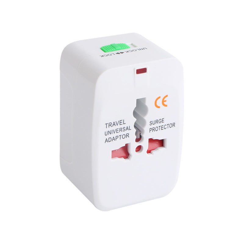 Front view of the white travel universal adapter with orange CE mark, red indicator dot and green unlock slider on a plain white background