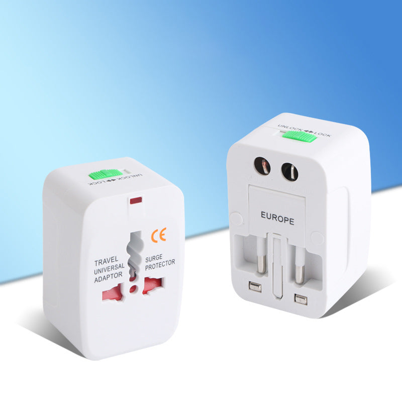 Two white universal travel adapters on a split blue and white background, the socket face with red pin slots beside the EUROPE side with fold-out pins and USB ports