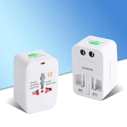 Two white universal travel adapters on a split blue and white background, the socket face with red pin slots beside the EUROPE side with fold-out pins and USB ports