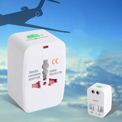 Universal travel adapter against a blue sky with clouds and an airplane silhouette, with a smaller view of the EUROPE side in the corner